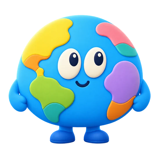 Globby, a smiling blue globe with colourful continents